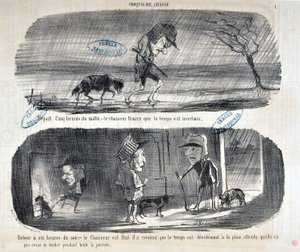 Konstverk av Honore Daumier (1808-1879) Charivari är från 1853: Serie Sketches de Chasse “” Depart Five heures du matin, - le chasseur finner att vädret är osäkert””” “” Tillbaka till klockan sex på kvällen, – jägaren är fixad, det kände han igen av Honoré Daumier