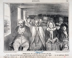 Konstverk av Honore Daumier (1808-1879) Charivari är från 1855: Serie Actualites de voyage en railroad “” -Här är mer än åtta dagar som det inte har hänt en olycka på den här linjen... det kan inte vara så länge. .. Jag är ledsen över att ha tagit det här  av Honoré Daumier