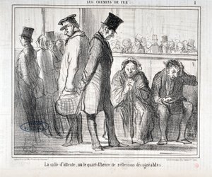 Konstverk av Honore Daumier (1808-1879). Charivari är från 1855: Serie LES Chemins de fer "" Väntrummet eller kvarten av obehagliga reflexioner""" MUSEE DES BEAUX ARTS - PALAIS LONGCHAMP, MARSEILLE av Honoré Daumier