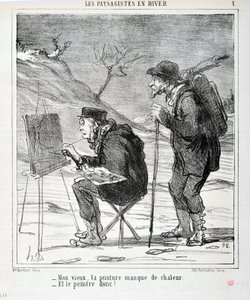 Konstverk av Honore Daumier (1808-1879). Charivari är från 1864: Serie LES LANDSAGISTS IN WINTER “” - Min gamle man, din tavla saknar värme - Och målaren så! "" MUSEET FÖR FINA KONST - PALACE LONGCHAMP, MARSEILLE av Honoré Daumier