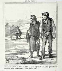 Konstverk av Honore Daumier (1808-1879). Charivari är från 1864: Serie LES LANDSAGISTS "" - I den här som är en rolig kropp... ritar ett porträtt av ett träd som inte bara producerar äpplen... han är galen i!..." KONSTMUSEET - PALACE LONGCHAMP, av Honoré Daumier