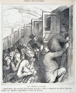 Konstverk av Honore Daumier (1808-1879). Charivari är från 1864: Serie Sketch Les trains de plaisir “” - När vi efter tio misslyckade överfall äntligen får erövra en plats i en vagn upplever vi ett första och mycket livligt nöje””” MUSEE DES BEAUX AR av Honoré Daumier