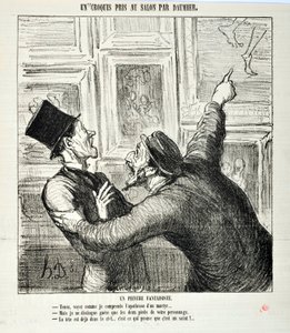 Konstverk av Honore Daumier (1808-1879). Charivari är från 1865: Serieskisser tagna på salongen En nyckfull målare. "Här, se hur jag förstår apoteosen hos en martyr... "Men jag kan bara se två fötter på din person.- Huvudet är redan i skymning av Honoré Daumier