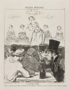 På Champs-Elysées har det aldrig varit helt klart om musiken får ölet att gå ner, eller ölet som får dig att svälja musiken, tallrik 3 från Croquis Musicaux, 1852 av Honoré Daumier