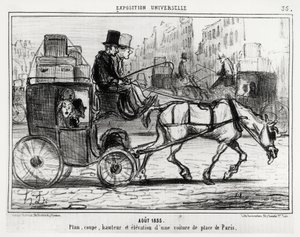 Augusti 1855, universell utställning: plan, skärning, höjd och höjd av en Parisbil. Illustration av Honore Daumier (1808-1879), publicerad i nyheterna, "" Charivari", daterad 4 september av Honoré Daumier