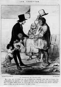 Kandidat för valbesök i en bondefamilj: "Valets morot" - teckning av Daumier, i Charivari 21/03/1844. av Honoré Daumier