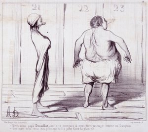 Tecknad film om utseende. Serie "" The Bathers"": Säg till pappa Drouillet..."" Gravyr av Honore DAUMIER (1808-1879). Utdrag ur tidningen "" Le Charivari"". Mått 25x36cm. box 12 Marseille, Musee des Beaux-Arts, Palais Longchamps, Collection Arts Graphi av Honoré Daumier