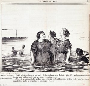 Tecknad film om utseende och mode. Serien "" Les Bains de Mer"": "" Den magra damen (...), den tjocka damen (...)" Gravyr av Honore DAUMIER (1808-1879). Utdrag ur tidningen "" Le Charivari"" den 16 september av Honoré Daumier
