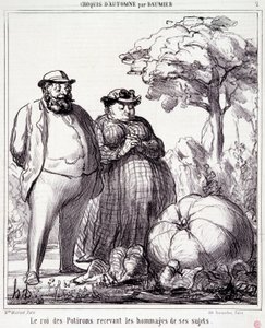 Tecknad film om trädgårdsarbete. Serie "" Autumn Sketch"": "" The King of Pumpkins tar emot hyllningar från sina undersåtar"". Gravyr av Honore DAUMIER (1808-1879). Utdrag ur tidningen "" Le Charivari"" den 23 september av Honoré Daumier