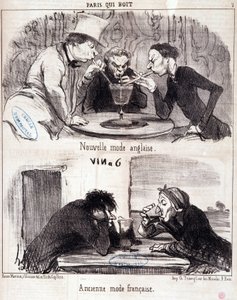 Tecknad film om gastronomiska övergrepp. Serien "Paris qui drinks": nytt engelskt mode och gammalt franskt mode. Gravyr av Honore DAUMIER (1808-1879). Utdrag ur tidningen “” Le Charivari”” 23 juni 1852 Dim 37x26 cm Inv D 2312 - kartong 24 N¡7. Marseille, M av Honoré Daumier