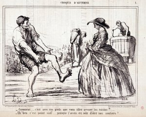 Tecknad film om skördare som trampar på barfota druvor. Serie “” Autumn Sketch””: “” Hur... ska du pressa druvorna med fötterna? ...” Gravyr av Honore DAUMIER (1808-1879). Utdrag ur tidningen "" Le Charivari"" av Honoré Daumier