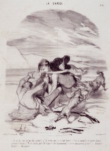 Tecknad film om jägare. Serien "" The Beautiful Days of Life - The Hunting"": "" Jag säger dig att jag fick honom att lämna..."" Gravyr av Honore DAUMIER (1808-1879). Utdrag ur tidningen "" Le Charivari"" den 10 januari av Honoré Daumier