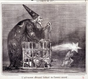 Tecknad film om vetenskap. Serie Sur "" kometen från 1857"": "" Den tyska astronomen lämnar en berömd anka""". Gravyr av Honore DAUMIER (1808-1879). Utdrag ur tidningen "" Le Charivari"" 2 mars av Honoré Daumier