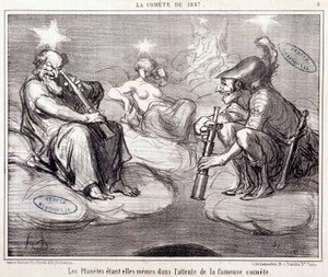 Tecknad film om vetenskap. Serie Sur "" kometen från 1857"": "" Planeterna själva väntar på den berömda kometen""". Gravyr av Honore DAUMIER (1808-1879), 25 mars av Honoré Daumier