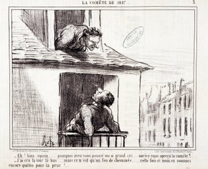 Tecknad film om vetenskap. Serie Sur “” the Comete of 1857””: “” Nåväl granne... varför gjorde du ett så stort rop...”” Gravyr av Honore DAUMIER (1808-1879). Utdrag ur tidningen "" Le Charivari"" den 11 mars av Honoré Daumier