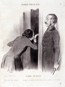 Tecknad film om paret. Serien "" The Beautiful Days of Life"": "" En älskare för glad..." Gravyr av Honore DAUMIER (1808-1879). Utdrag ur tidningen "" Le Charivari"" den 1 september av Honoré Daumier