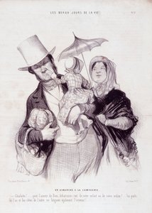 Tecknad film om familjen. Serien "" The Beautiful Days of Life"": En söndag på landsbygden..." Gravyr av Honore DAUMIER (1808-1879). Utdrag ur tidningen "" Le Charivari"" den 21 juli av Honoré Daumier