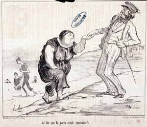 Tecknad film om turister på semester. Serie "" Axe Bains de Mer: "" Översvämningen som förde tillbaka den skrämmande! "" Gravyr av Honore DAUMIER (1808-1879). Utdrag ur tidningen "" Le Charivari"" av Honoré Daumier
