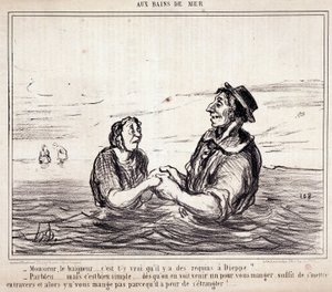 Tecknad film om turister på semester. Serie “” aux Bains de Mer””: “” Monsieur le bathneur... är det sant att det finns hajar i Dieppe?...” Gravyr av Honore DAUMIER (1808-1879). Utdrag ur tidningen "" Le Charivari"" den 8 juni av Honoré Daumier