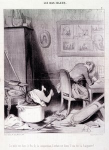 Tecknad film om kvinnliga författare. Serie "" Bas Bleus"": "" Mamman är i kompositionens eld, barnet är i badets vatten! "" Gravyr av Honore DAUMIER (1808-1879). Utdrag ur tidningen "" Le Charivari"" den 20 februari av Honoré Daumier