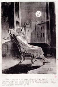 Tecknad film om kvinnliga författare. Serien "" Bas Bleus"": "" O! Månen inspirerar mig ikväll...”” Gravyr av Honore DAUMIER (1808-1879). Utdrag ur tidningen "" Le Charivari"" 28 februari av Honoré Daumier