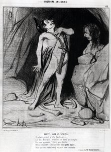 Tecknad av Honore Daumier om Oedipus och sfinxen, -i "" Charivari", 12 december av Honoré Daumier