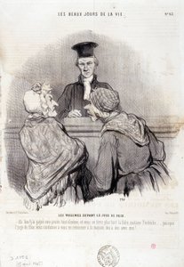 Tecknad film om grannskapsrelationer: Serie "" Livets vackra dagar"": "" Grannar inför fredens rättvisa..."" Gravyr av Honore DAUMIER (1808-1879). Utdrag ur tidningen "" Le Charivari"" den 15 maj av Honoré Daumier