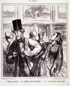 Tecknad film om konstälskare: Serie "" Au salon"": Låt oss lämna frun... dessa nakenbilder är revoltanter... Jag kommer tillbaka helt ensam"" Gravyr av Honore DAUMIER (1808-1879). Utdrag ur tidningen "" Le Charivari"" den 5 maj av Honoré Daumier