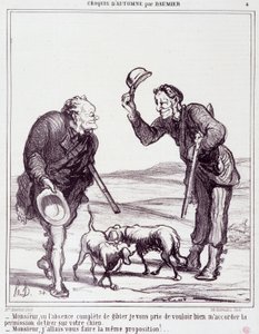 Tecknad film om jägarna: Serie "" Autumn Sketch"": "" Sir, med tanke på den totala frånvaron av vilt, vänligen ge mig tillåtelse att skjuta din hund..."" Gravyr av Honore DAUMIER (1808-1879). Utdrag ur tidningen "" Le Charivari"" den 28 september av Honoré Daumier