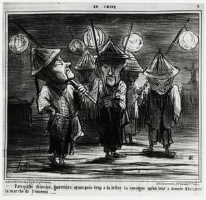 Kinesisk patrull, krigare som alltför noggrant följt de instruktioner de fått om att belysa fiendens marsch. In serie En Chine, illustration av Honore Daumier (1808-1879), publicerad i "Charivari" den 25 januari. av Honoré Daumier