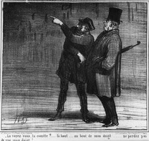 Ser du kometen? upp... vid slutet av mitt finger... tappa inte mitt finger ur sikte!... , tecknad av Honore Daumier (1808-1879). “Charivari” av Honoré Daumier
