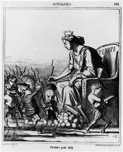 Europa: utländsk för 1868. Europa delar ut vapen och kanoner till varje representant för länderna, som känns igen på sin hatt. Illustration av Honore Daumier (1808-1879), publicerad i tidningen Charivari den 23 december 1867. av Honoré Daumier