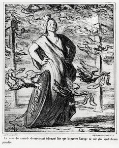Europa: molnet av ankor som skymmer luften så mycket att det stackars Europa inte längre vet vilken väg det ska ta. Illustration av Honore Daumier (1808-1879), publicerad i tidningen Charivari den 22 oktober. av Honoré Daumier