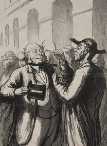 Universell utställning: Inspektionen av fotografier vid vändkorsen. De kala måste ta av sig hatten och de närsynta glasögonen. av Honoré Daumier