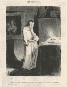 Kvinna med humanitära brev som hänger sig åt mannen ... av Honoré Daumier