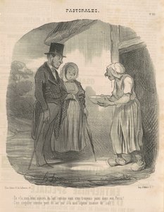 Kvinna med humanitära brev som hänger sig åt mannen ... av Honoré Daumier