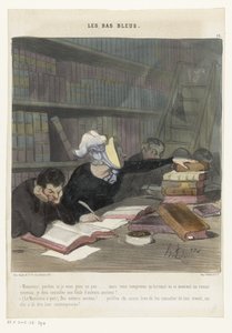 Figurer bakom ett läsbord i ett folkbibliotek Les Bas Bleus (serietitel på objekt) av Honoré Daumier