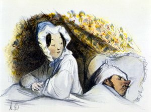 Man och kvinna i sängen: "" Stygg sovande! Gå ... “”, “” History of Erotic Art ”” av Edouard Fuchs, Berlin av Honoré Daumier
