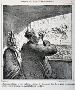 Mr. Colimard, om du fortsätter att titta på dansarna på ett så olämpligt sätt, tar jag dig hem innan showen slutar. Gravyr av Honore Daumier (1808-1879) i "" Le Charivari"". Arkstorlek: 24,6x36cm. Palais Longchamp, Musee des Beaux Arts de Mar av Honoré Daumier