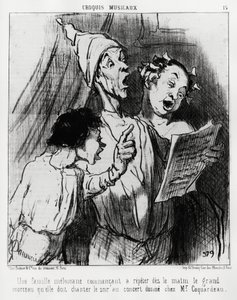 Musikaliska sketcher: en meloman familj som på morgonen började upprepa den stora sången de var tvungna att sjunga på kvällen på konserten gav till Mr. Coquardeau. Illustration d