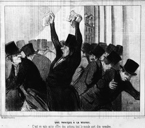Panik på börsen. Det var förgäves som aktier erbjöds, alla tog ifrån dem: från "" Actualites", en serie tecknade serier på Honore Daumier-börsen (1808-1879). Charivari av Honoré Daumier