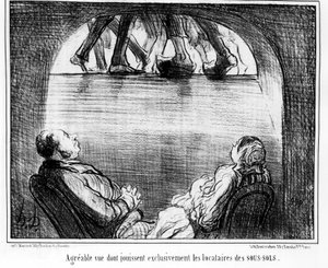 Trevlig utsikt som uteslutande åtnjuts av hyresgästerna i källarlokalerna, hämtad från "" Tenants et Owners", tecknad serie av Honore Daumier (1808-1879). “Charivari” av Honoré Daumier