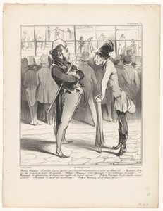 Robert-Macaire i samtal med Bertrand för fönstret i ett tryckeri Caricaturana (serietitel på objekt) av Honoré Daumier