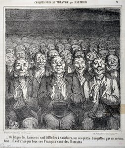 Skiss tagen på teatern: "" Det sägs att parisare är svåra att tillfredsställa på dessa fyra bänkar, inte ett nöje, det är sant att alla dessa fransmän är romare""" Gravyr av Honore Daumier (1808-1879) i "" Le Charivari ””. Palais Longchamp, Musee av Honoré Daumier
