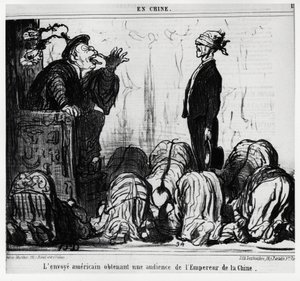 Det amerikanska sändebudet får en audiens från kejsaren av Kina. I serien En Chine, illustration av Honore Daumier (1808-1879), publicerad i "" Charivari", daterad 21 oktober av Honoré Daumier