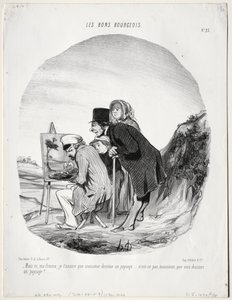 The Good Bourgeois, tavla 23: "Men ja, min kära, jag försäkrar dig att denna herre ritar ett landskap...är det inte så, sir, att du ritar ett landskap?" (Les bons bourgeios, planche 23: Mais si, ma femme...monsieur dessine un paysage..) av Honoré Daumier