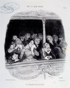 Den femte akten har Gaite Expressions av publikens ansikte under showen (tristess, trötthet, desinteret) Karikatyr av Honore Daumier (1808-1879). 1800-talsmuseet Carnavalet i Paris av Honoré Daumier