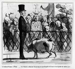 Växternas trädgård i Pekin: kineserna beundrar en fyrfoting av Frankrike och ett pip från samma land. Illustration av Honore Daumier (1808-1879), publicerad i "Charivari", China Actualites av Honoré Daumier