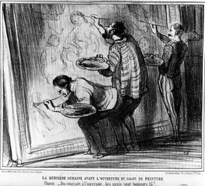 Sista veckan före öppnandet av Salon de Peinture. Choughtness -Från mod till arbete, vännerna finns alltid där!.... , hämtat från "Målningar och salonger", tecknad serie av Honore Daumier (1808-1879). "Charivari" av Honoré Daumier