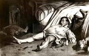 Massakern på Rue Transnonain den 14/04/1834: militären massakrerar invånarna i byggnaden 12 Rue Transnonain i Paris fängslade den efter döden av en av deras officerare - Litografi av Honore Daumier (1808-1879) 1837. Privat samling av Honoré Daumier